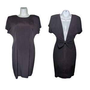 Vtg Miss Ashlee California Black Knee-Length Deep-V-Back W Bow Sheath Dress 4